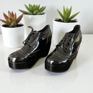 Shakuhachi Black Patent Leather Platform Wedge Oxfords – Cult Archival, Size 7